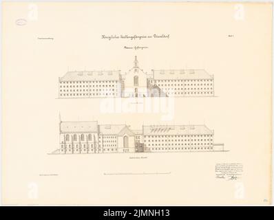 Hasenjäger Emil (geb. 1838), Zellengefängnis in Düsseldorf. Männergefängnis (01.12.1893): Vorderansicht, Seitenansicht 1: 200. Lithographie, 79,9 x 105,9 cm (einschließlich Scankanten) Stockfoto