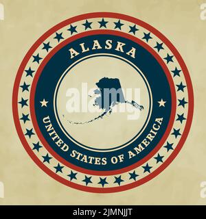 Vintage Label mit Landkarte von Alaska Stockfoto