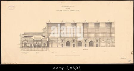 Eggert Hermann (1844-1920), Hauptbahnhof in Frankfurt am Main. Empfangsgebäude (11,1880): Schnitt der Bahnhofshalle mit Innenansicht. Tusche-Aquarell auf der Schachtel, 41,6 x 85,6 cm (einschließlich Scankanten) Stockfoto