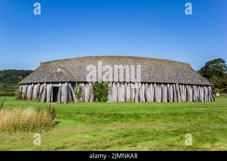 Recontracted historischen Viking Langhaus von Fyrkat in der Nähe von Hobro, Dänemark Stockfoto