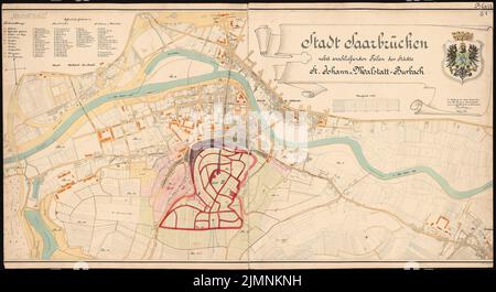 Brix & Genzmer, Entwicklungsplan für den Triller-Standort Saarbrücken-St. Johann. Stadtplan (03,1896): Stadtplan 1: 3500, mit Teilen von St. Johann und Malstatt-Burbach. Farbstift wasserfarben durch Druck auf Karton, 70,2 x 129,1 cm (inklusive Scan-Kanten) Brix & Genzmer : Bebauungsplan für die Ortslage Triller, Saarbrücken-St. Johann. Stadtplan Stockfoto