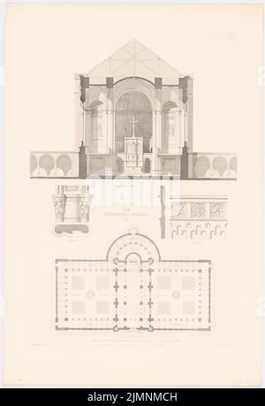 Lange Ludwig (1808-1868), monumentale Kirche mit Handlingswerk. (Aus: L. lange, Werke höherer Architektur, 1856) (1856): Grundriß, Querschnitt, Details. Druck auf Karton, 64,4 x 44 cm (inklusive Scankanten) lange Ludwig (1808-1868): Werke der höheren Baukunst, Darmstadt 1856. Monumentalkirche mit Umgangshallen Stockfoto