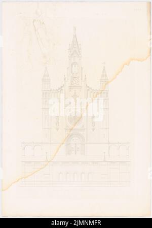 Lange Ludwig (1808-1868), monumentale Kirche mit Handlingswerk. (Aus: L. lange, Werke höherer Architektur, 1856) (1856): Vorderansicht. Druck auf Karton, 63,8 x 44,6 cm (inklusive Scankanten) lange Ludwig (1808-1868): Werke der höheren Baukunst, Darmstadt 1856. Monumentalkirche mit Umgangshallen Stockfoto