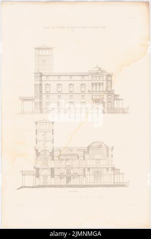 Lange Ludwig (1808-1868), fürstliches Landhaus. (Aus: L. lange, Werke höherer Architektur, 1856) (1856): Riss-Seitenansicht, Querschnitt. Druck auf Karton, 67,1 x 44,4 cm (inklusive Scankanten) lange Ludwig (1808-1868): Werke der höheren Baukunst, Darmstadt 1856. Fürstliches Landhaus Stockfoto