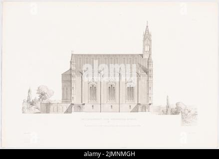 Lange Ludwig (1808-1868), monumentale Kirche mit Handlingswerk. (Aus: L. lange, Werke höherer Architektur, 1856) (1856): Vorderansicht. Druck auf Karton, 43,9 x 64,3 cm (inklusive Scankanten) lange Ludwig (1808-1868): Werke der höheren Baukunst, Darmstadt 1856. Monumentalkirche mit Umgangshallen Stockfoto