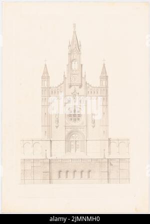 Lange Ludwig (1808-1868), monumentale Kirche mit Handlingswerk. (Aus: L. lange, Werke höherer Architektur, 1856) (1856): Vorderansicht. Druck auf Karton, 62,5 x 43,8 cm (inklusive Scankanten) lange Ludwig (1808-1868): Werke der höheren Baukunst, Darmstadt 1856. Monumentalkirche mit Umgangshallen Stockfoto