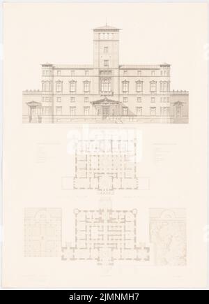 Lange Ludwig (1808-1868), fürstliches Landhaus. (Aus: L. lange, Werke höherer Architektur, 1856) (1856): Grundriß Erdgeschoss, Hauptgeschoss, Blick von vorne auf den Tumult. Druck auf Karton, 60,8 x 43,9 cm (inklusive Scankanten) lange Ludwig (1808-1868): Werke der höheren Baukunst, Darmstadt 1856. Fürstliches Landhaus Stockfoto