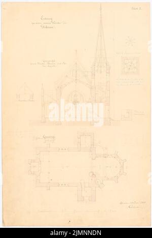 Lüdecke Carl Johann Bogislaw (1826-1894), Kirche in Dobrau. 1. Projekt (ungültig) (24. Juni 1866): Grundriss; Querschnitt mit Blick auf den Altar; Grundriss Turmspitze; geschnittenes Kapellendach; Maßstabsbalken. Tusche Aquarell auf der Schachtel, mit Bleistift ergänzt, 49,3 x 33 cm (inklusive Scankanten) Lüdecke Carl Johann Bogislaw (1826-1894): Kirche, Dobrau. 1. Project (untülltig) Stockfoto