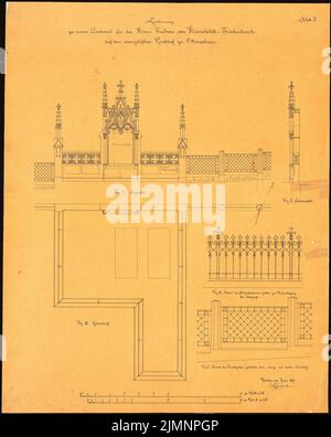Lüdecke Carl Johann Bogislaw (1826-1894), Freiherr von Humboldt-Friedrichseck Denkmal auf dem Evangelischen Friedhof in Ottmachau (06,1871): Grundriß, Vorderansicht, Seitenansicht, Einzäunung des Denkmals und des Friedhofs, Streifen im Maßstab 2. Tusche auf Transparent, mit Bleistift ergänzt, 59,5 x 47,5 cm (inklusive Scanränder) Lüdecke Carl Johann Bogislaw (1826-1894): Denkmal Freiherr von Humboldt-Friedrichseck auf dem evangelischen Friedhof, Ottmachau Stockfoto