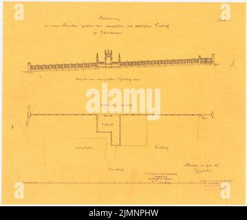 Lüdecke Carl Johann Bogislaw (1826-1894), Freiherr von Humboldt-Friedrichseck Denkmal auf dem Evangelischen Friedhof in Ottmachau (06,1871): Zaun zwischen den Friedhöfe: Grundriß (gleichzeitiger Lageplan des Denkmals), Schnitt, Schnitt, Maßstabsbalken. Tusche auf Transparent, mit Bleistift ergänzt, 33,3 x 39,9 cm (inkl. Scan Edges) Lüdecke Carl Johann Bogislaw (1826-1894): Denkmal Freiherr von Humboldt-Friedrichseck auf dem evangelischen Friedhof, Ottmachau Stockfoto