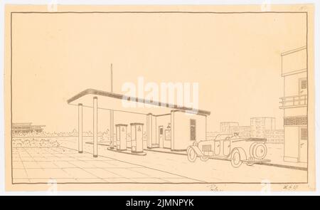 Poelzig Hans (1869-1936), Tankstellen der Reichskraffrit GmbH, Berlin (26.04.1927): Perspective view Wauterhaus Great Type. Lichtbruch auf Transparent, 34,1 x 55,8 cm (inklusive Scankanten) Poelzig Hans (1869-1936): Tankstellen der Reichskraftsprit GmbH, Berlin Stockfoto