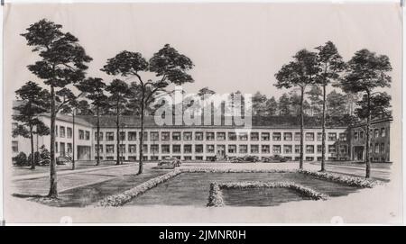 Poelzig Hans (1869-1936), Kasernenluftkreiskommando II, Berlin-Dahlem (1935-1936): Perspektivische Ansicht des Hauptgebäudes (Generalstab) von der Kronprinzenallee. Kohle auf Transparent, 60,5 x 108,6 cm (inklusive Scan-Kanten) Poelzig Hans (1869-1936): Kaserne Luftkreiskommando II, Berlin-Dahlem Stockfoto