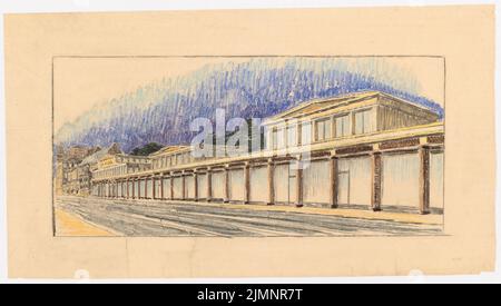 Poelzig Hans (1869-1936), Geschäfte im Zoo, Berlin (1924-1925): Laden Passage (?), drei- und doppelgeschossige, drei klassische Giebel. Bleistift und Farbstift auf transparent, 45,5 x 80,2 cm (inklusive Scankanten) Poelzig Hans (1869-1936): Läden am Zoo, Berlin Stockfoto