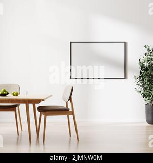 Unbeschriftete Bilderrahmen-Version an weißer Wand, Raum mit Esstisch und Stühlen, 3D Rendering Stockfoto