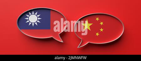 Kommunikation zwischen Taiwan und China. Dialogblasen mit Nationalflaggen, roter Hintergrund. 3D Rendern Stockfoto