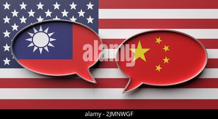 Kommunikation zwischen Taiwan und China, Hintergrund der Flagge der USA. Dialog bläht mit Nationalflaggen. 3D Rendern Stockfoto