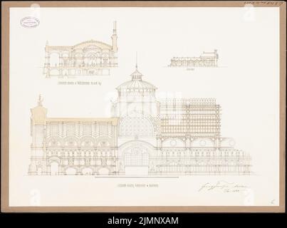 Frentzen, Georg (1854-1923), Hauptbahnhof Frankfurt am Main. Empfangsgebäude (15. November 1880): 2 Schnitte durch den Warteraum III. Und IV. Klasse, Vestibül und Hallen, Blick auf die Billertur. Tusche Aquarell auf der Schachtel, 51,1 x 68,7 cm (inklusive Scan-Kanten) Frentzen, Georg (1854-1923): Hauptbahnhof, Frankfurt/Main. Empfagsgebäude Stockfoto