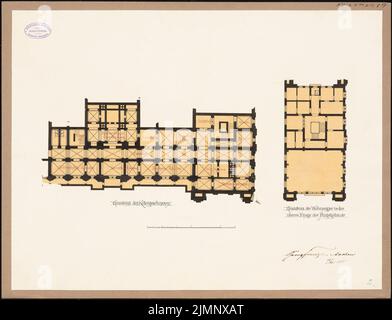 Frentzen, Georg (1854-1923), Hauptbahnhof Frankfurt am Main. Empfangsgebäude (15. November 1880): Flügelgebäude: Grundriß KG, OG, mit Wohnungen. Tinte, farblich auf transparent, 51 x 66,7 cm (inklusive Scankanten) Frentzen, Georg (1854-1923): Hauptbahnhof, Frankfurt/Main. Empfagsgebäude Stockfoto