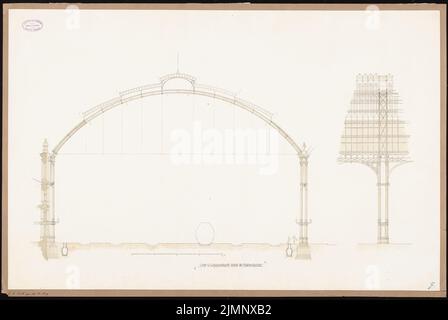 Frentzen, Georg (1854-1923), Hauptbahnhof Frankfurt am Main. Empfangsgebäude (15. November 1880): Querschnitt und Längsschnitt durch die Hallendächer. Tusche Aquarell auf der Schachtel, 66,1 x 98,8 cm (inklusive Scan-Kanten) Frentzen, Georg (1854-1923): Hauptbahnhof, Frankfurt/Main. Empfagsgebäude Stockfoto