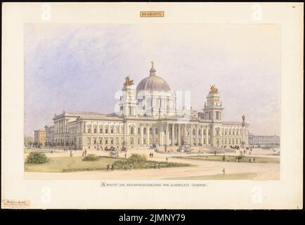 Ferstel, Heinrich Freiherr von (1828-1883), Reichstag, Berlin. Zweiter Wettbewerb (1882): Blick aus der Perspektive vom Alsenplatz. Tusche Aquarell auf der Schachtel, 60,4 x 87,5 cm (inklusive Scankanten) Ferstel, Heinrich Freiherr von (1828-1883): Reichstag, Berlin. Zweiter Wettbewerb Stockfoto