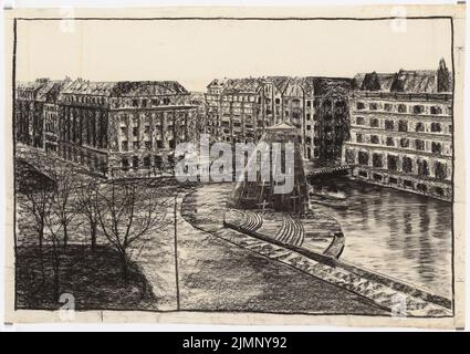 Poelzig Hans (1869-1936), Kriegsdenkmal in Hamburg (ohne Jahr): Perspektivischer Blick auf den Fluss mit freien Treppen. Kohle auf Transparent, 92,5 x 131,1 cm (inklusive Scan-Kanten) Poelzig Hans (1869-1936): Kriegs-Gedenkmal, Hamburg Stockfoto