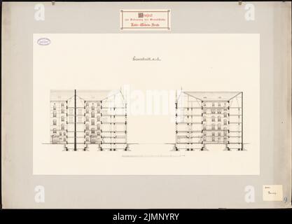 Erdmann & Spindler, Entwicklung der Kaiser-Wilhelm-Straße in Berlin (ohne Datum): 2 Querschnitte 1: 150. Tinte auf Karton, 72,5 x 100,7 cm (inklusive Scankanten) Erdmann & Spindler : Bebauung der Kaiser-Wilhelm-Straße, Berlin Stockfoto