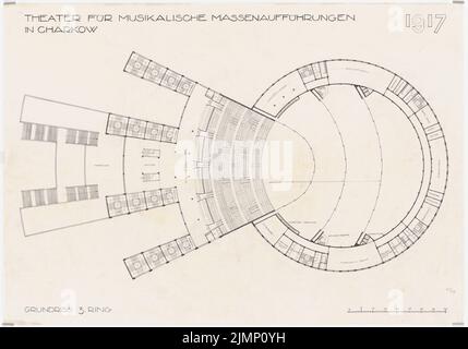 Poelzig Hans (1869-1936), Theater für musikalische Massenaufführungen, Charkov (1930): Grundriss 3. Ort. Bleistift auf Transparent, 67,8 x 97 cm (inklusive Scan-Kanten) Poelzig Hans (1869-1936): Theater für musikalische Massenaufführungen, Charkow Stockfoto
