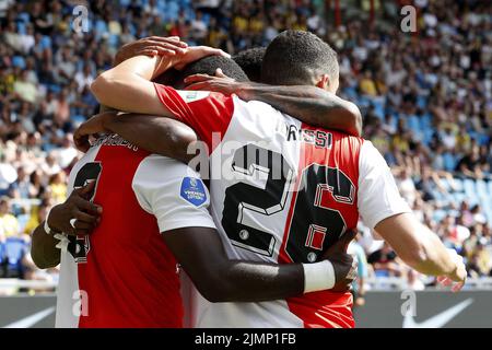 ARNHEM - Lutsharel Geertruida aus Feyenoord feiert den 2-5 während des niederländischen Eredivisie-Spiels zwischen Vitesse und Feyenoord beim Gelredome am 7. August 2022 in Arnhem, Niederlande. ANP PIETER STAM DE YOUNG Stockfoto