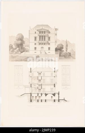 Lange Ludwig (1808-1868), in den Bergen geschlossen. (Aus: L. lange, Werke höherer Architektur, 1856) (ohne dat.): Riss-Seitenansicht, Schnitt, Geländerdetails. Druck auf Karton, 64,6 x 43,7 cm (inklusive Scankanten) lange Ludwig (1808-1868): Werke der höheren Baukunst, Darmstadt 1856. Schloss im Gebirge Stockfoto