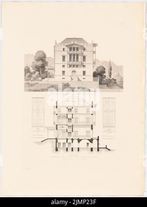 Lange Ludwig (1808-1868), in den Bergen geschlossen. (Aus: L. lange, Werke höherer Architektur, 1856) (ohne dat.): Riss-Seitenansicht, Schnitt, Geländerdetails. Druck auf Karton, 68 x 50,5 cm (inklusive Scankanten) lange Ludwig (1808-1868): Werke der höheren Baukunst, Darmstadt 1856. Schloss im Gebirge Stockfoto