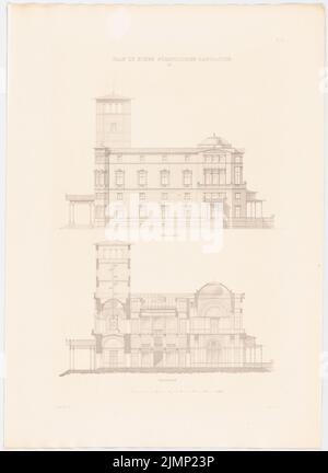 Lange Ludwig (1808-1868), fürstliches Landhaus. (Aus: L. lange, Werke höherer Architektur, 1856) (1856): Obere Seitenansicht, geschnitten. Druck auf Karton, 68,6 x 50 cm (inklusive Scankanten) lange Ludwig (1808-1868): Werke der höheren Baukunst, Darmstadt 1856. Fürstliches Landhaus Stockfoto