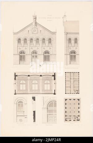 Lange Ludwig (1808-1868), Börse in Bergen. (Aus: L. lange, Werke höherer Architektur, 1856) (ca. 1856): 2 Grundrisse, aufrechte Hauptansicht, Schnitt durch die Börsenhalle, Details der Fassade. Druck auf Karton, 64,4 x 43,7 cm (inklusive Scankanten) lange Ludwig (1808-1868): Werke der höheren Baukunst, Darmstadt 1856. Börse, Bergen Stockfoto