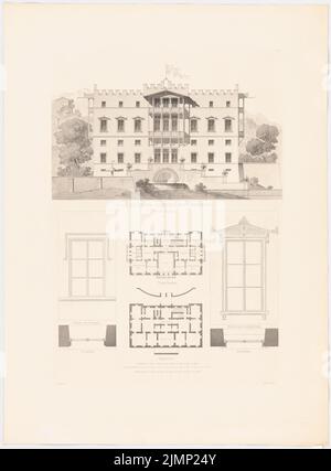 Lange Ludwig (1808-1868), in den Bergen geschlossen. (Aus: L. lange, Werke höherer Architektur, 1856) (ohne Datum): Grundrisse, Hauptansicht. Druck auf Karton, 67,8 x 50,1 cm (inklusive Scankanten) lange Ludwig (1808-1868): Werke der höheren Baukunst, Darmstadt 1856. Schloss im Gebirge Stockfoto