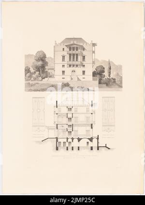 Lange Ludwig (1808-1868), in den Bergen geschlossen. (Aus: L. lange, Werke höherer Architektur, 1856) (ohne Datum): Obere Seitenansicht, Schnitt, Geländerdetail. Druck auf Karton, 67,8 x 50,6 cm (inklusive Scankanten) lange Ludwig (1808-1868): Werke der höheren Baukunst, Darmstadt 1856. Schloss im Gebirge Stockfoto