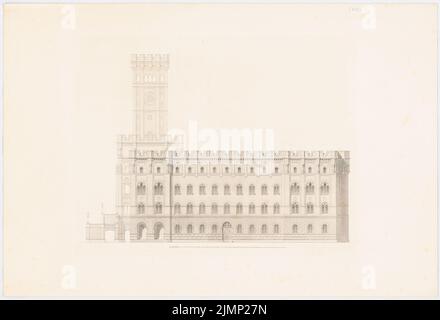 Lange Ludwig (1808-1868), Rathaus in Hamburg. (Aus: L. lange, Werke höherer Architektur, 1858) (1854): Seitenansicht. Druck auf Karton, 43,8 x 64,3 cm (inklusive Scankanten) lange Ludwig (1808-1868): Werke der höheren Baukunst, Darmstadt 1858. Rathaus, Hamburg Stockfoto