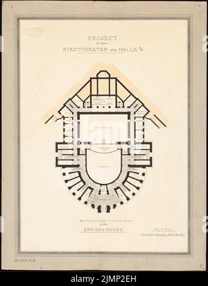 Lüthi & Klemm, Theater in Halle/Saale (1884): Grundriss EG. Tusche, Tusche farbig, Aquarell auf Karton, auf Karton, 84,4 x 64,5 cm (inklusive Scankanten) Lüthi & Klemm : Theater, Halle/Saale Stockfoto