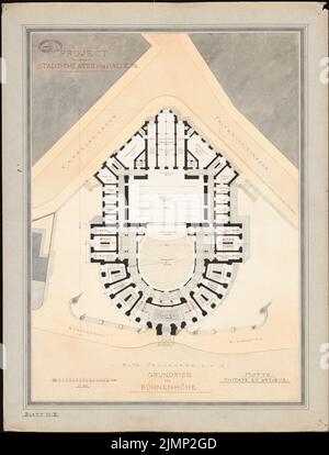 Lüthi & Klemm, Theater in Halle/Saale (1884): Grundriß in Bühnenhöhe. Tusche, Tusche farbig, Aquarell auf Karton, auf Karton, 84,8 x 64,7 cm (inklusive Scankanten) Lüthi & Klemm : Theater, Halle/Saale Stockfoto