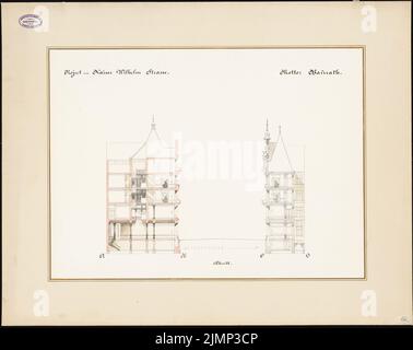 Giesenberg Edgar (1851-1892), Entwicklung der Kaiser-Wilhelm-Straße in Berlin (ohne Datum): Schnitt A-B, C-D. Tusche Aquarell auf Papier, 64,4 x 81,2 cm (inklusive Scankanten) Giesenberg Edgar (1851-1892): Bebauung der Kaiser-Wilhelm-Straße, Berlin Stockfoto