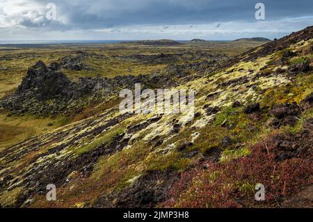 Spektakulärer vulkanischer Blick vom Saxholl Vulkankrater, Snaefellsnes Halbinsel, Snaefellsjokull Nationalpark, West Island. Stockfoto