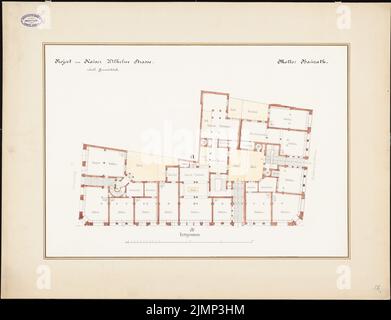 Giesenberg Edgar (1851-1892), Erschließung der Kaiser-Wilhelm-Straße in Berlin (ohne Datum): Grundriss EG des nördlichen Landes. Tinte, Bleistift, wasserfarben auf Papier, 64,2 x 83,7 cm (inklusive Scankanten) Giesenberg Edgar (1851-1892): Bebauung der Kaiser-Wilhelm-Straße, Berlin Stockfoto