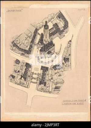 Brix & Genzmer, Entwicklungsplan für den Triller-Standort Saarbrücken-St. Johann (ohne Datum): Perspektivische Ansicht von Punkt A 1: 1000. Bleistift auf Papier, auf Karton, 66,3 x 49,7 cm (inklusive Scankanten) Brix & Genzmer : Bebauungsplan für die Ortslage Triller, Saarbrücken-St. Johann Stockfoto