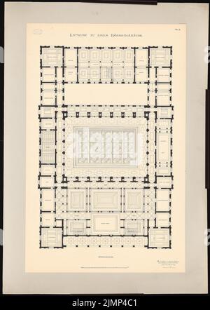 Heimann Emanuel (1855-1910), Börsengebäude (30. Dezember 1884): Lageplan OG 1: 100. Tusche Aquarell auf Papier, 134,2 x 95,5 cm (inklusive Scankanten) Heimann Emanuel (1855-1910): Börsengebäude Stockfoto