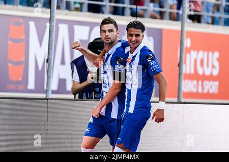 Gents Hugo Cuypers feiert nach einem Treffer bei einem Fußballspiel zwischen KAA Gent und KVC Westerlo am Sonntag, 07. August 2022 in Gent, am 3. Tag der ersten Division der belgischen Meisterschaft 2022-2023 in der „Jupiler Pro League“. BELGA FOTO TOM GOYVAERTS Stockfoto