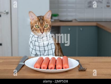 Bengalkatze frisst auf einer Serviette um den Hals Würste von einem Teller. Stockfoto