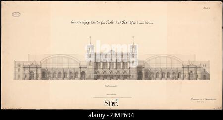 Bull Hubert (1838-1907), Hauptbahnhof Frankfurt am Main. Empfangsgebäude (15. November 1880): Vorderansicht 1: 200. Tinte auf Karton, 59,8 x 120,8 cm (einschließlich Scankanten) Stier d. Ä. Hubert (1838-1907): Hauptbahnhof, Frankfurt Am Main. Empfagsgebäude Stockfoto