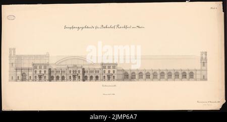 Bull Hubert (1838-1907), Hauptbahnhof Frankfurt am Main. Empfangsgebäude (15. November 1880): Seitenansicht 1: 200. Tinte auf Karton, 61,5 x 124,8 cm (einschließlich Scankanten) Stier d. Ä. Hubert (1838-1907): Hauptbahnhof, Frankfurt Am Main. Empfagsgebäude Stockfoto