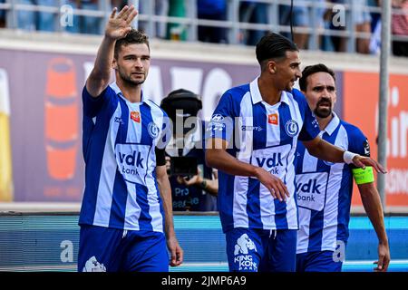 Gents Hugo Cuypers feiert nach einem Treffer bei einem Fußballspiel zwischen KAA Gent und KVC Westerlo am Sonntag, 07. August 2022 in Gent, am 3. Tag der ersten Division der belgischen Meisterschaft 2022-2023 in der „Jupiler Pro League“. BELGA FOTO TOM GOYVAERTS Stockfoto