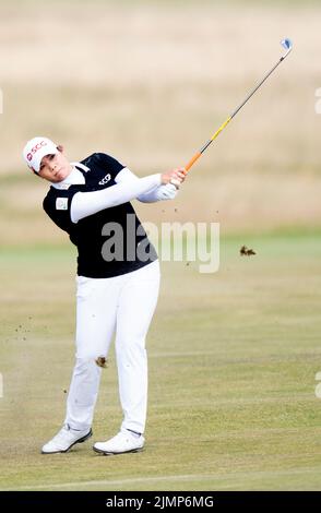 Die Thailänderin Ariya Jutanugarn auf dem 14.-Loch am vierten Tag der AIG Women's Open im Muirfield in Gullane, Schottland. Bilddatum: Sonntag, 7. August 2022. Stockfoto