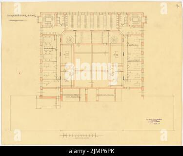 Messel Alfred (1853-1909), Darmstadt Bank für Handel und Industrie, Berlin. Neue Einrichtung (1902-1902): Möbelplan UG 1: 100. Bleistift, Buntstift auf Transparent, 50,3 x 62,8 cm (inklusive Scankanten) Messel Alfred (1853-1909): Darmstädter Bank für Handel und Industrie, Berlin. Neueinrichtung Stockfoto