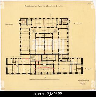 Messel Alfred (1853-1909), Darmstadt Bank für Handel und Industrie, Berlin. Neue Einrichtung (1902-1902): Grundriß, sicherer Boden. Tusche, Bleistift, wasserfarbig auf transparent, 67,1 x 70,6 cm (inklusive Scankanten) Messel Alfred (1853-1909): Darmstädter Bank für Handel und Industrie, Berlin. Neueinrichtung Stockfoto